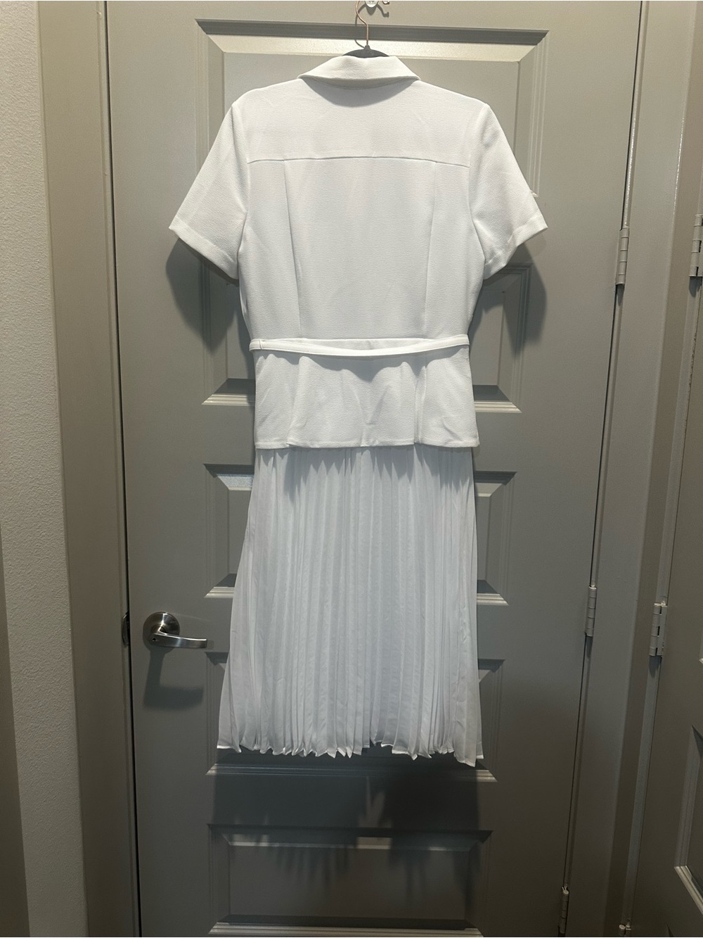 White Collared Pleated Midi Dress - Picture 6 of 9